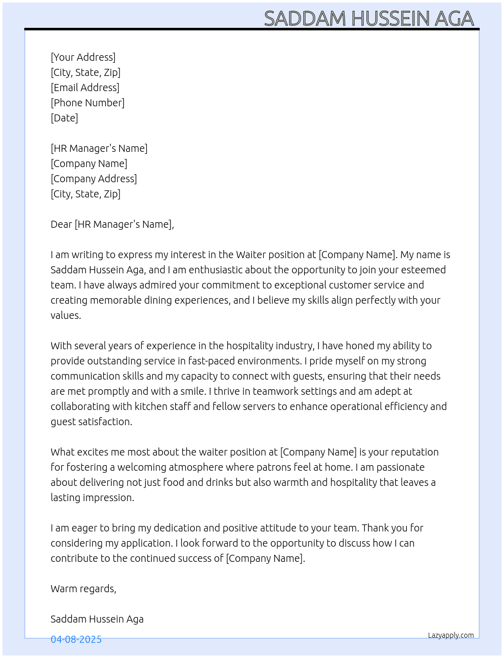 Waiter At Waiter Cover Letter