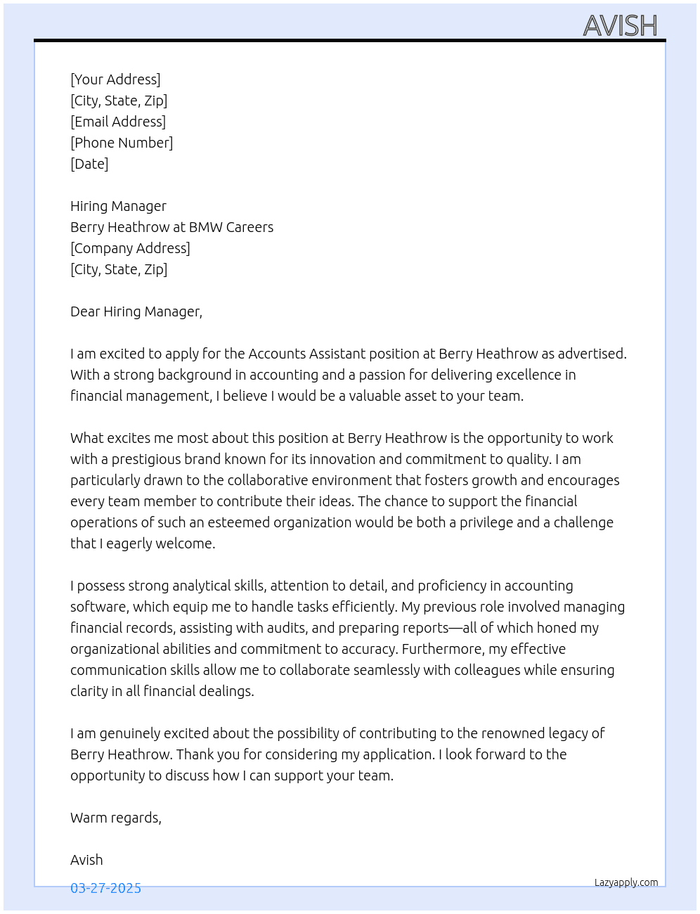 Accounts Assistant At Berry Heathrow at BMW Careers Cover Letter
