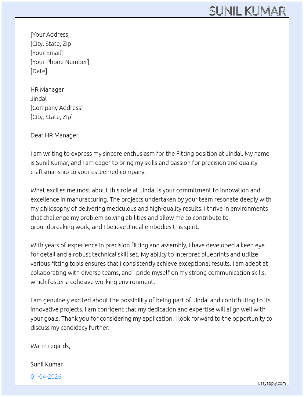 fitting  At jindal Cover Letter