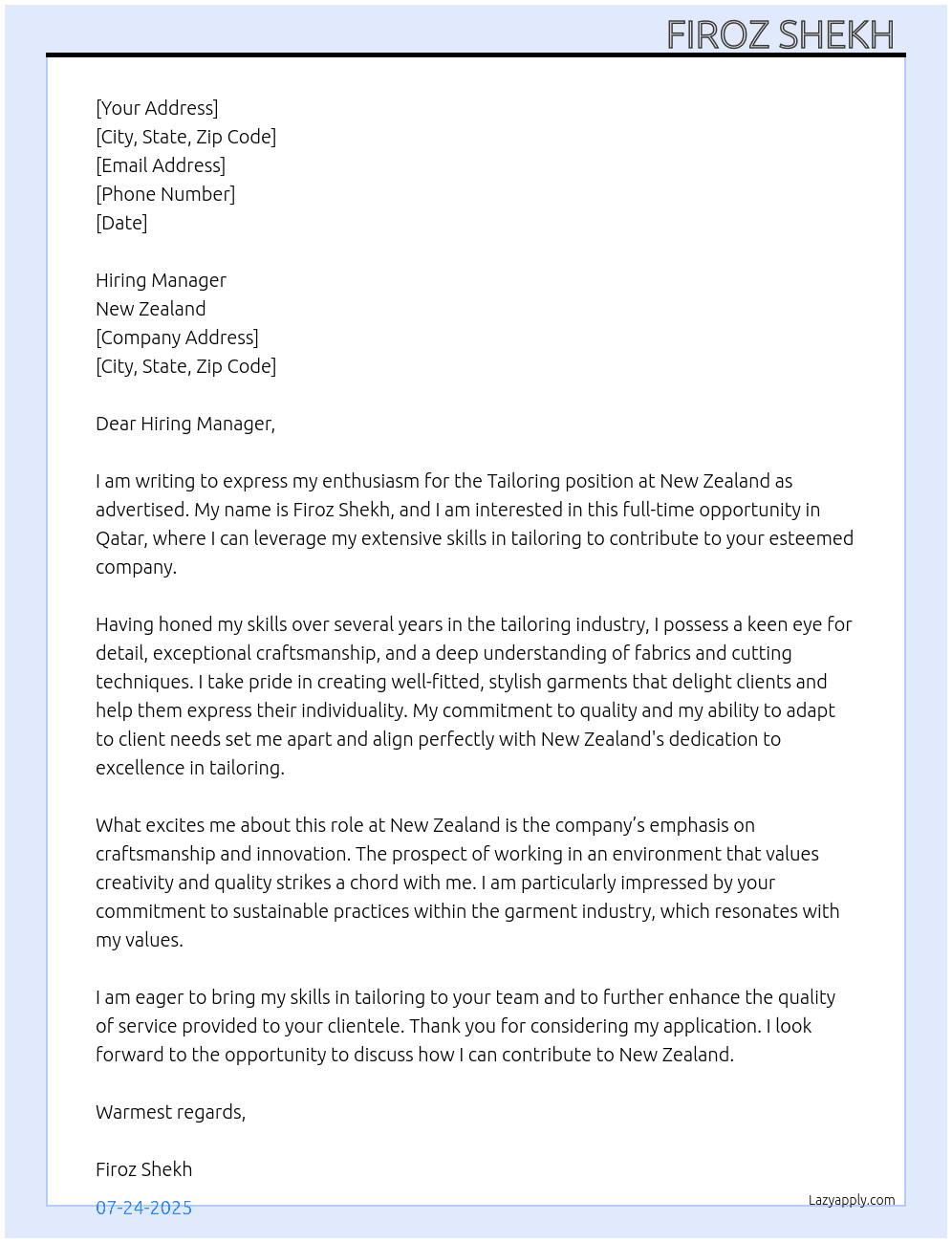 Tailoring  At New Zealand  Cover Letter
