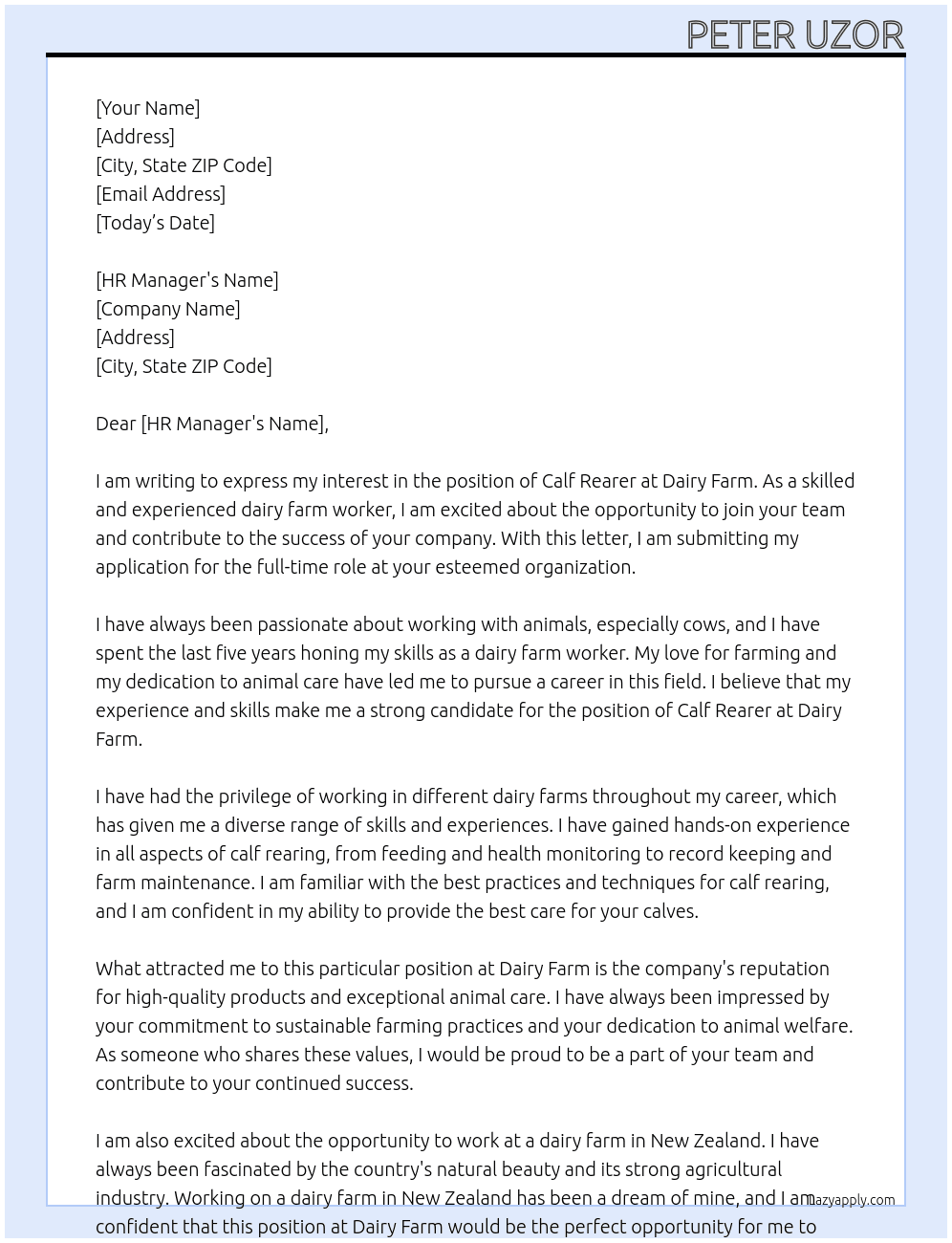calf  rearer At dairy farm Cover Letter