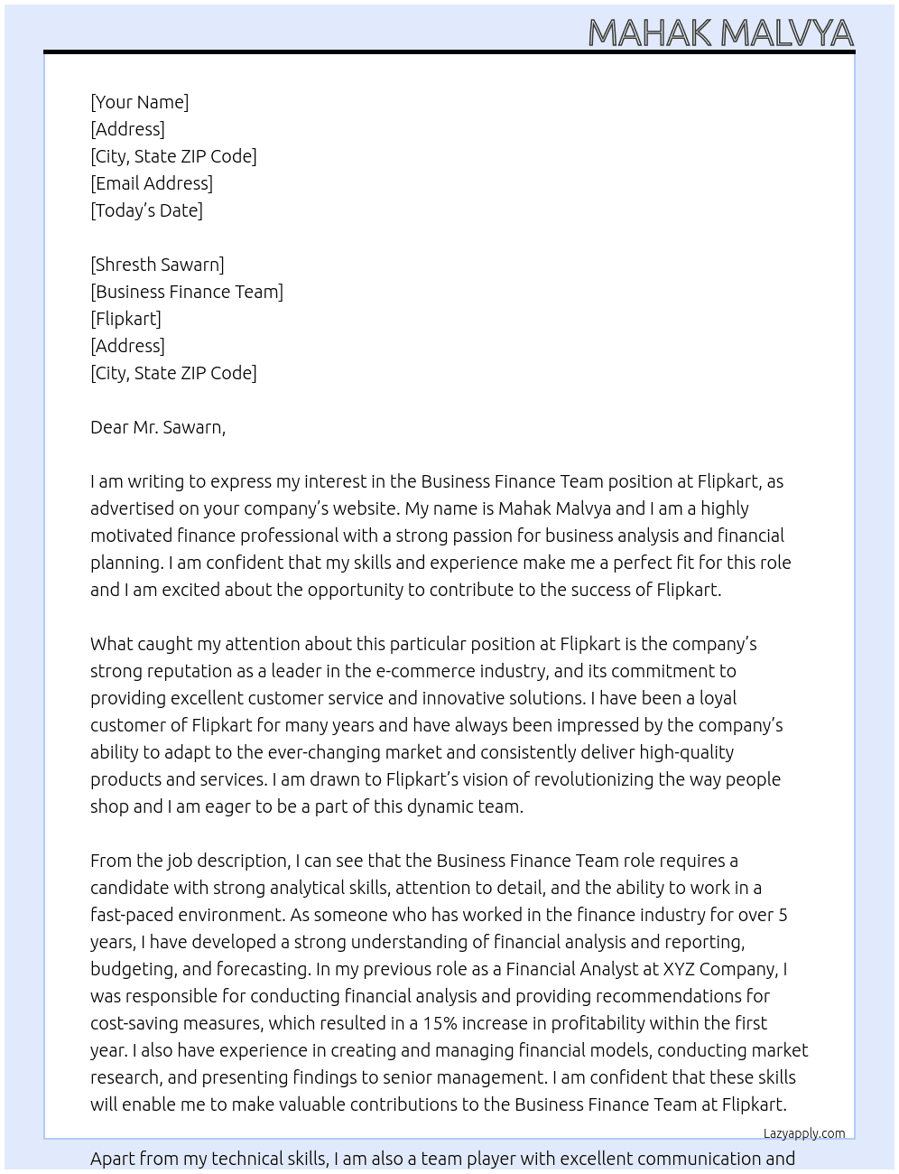 Cover letter for business finance team - LazyApply