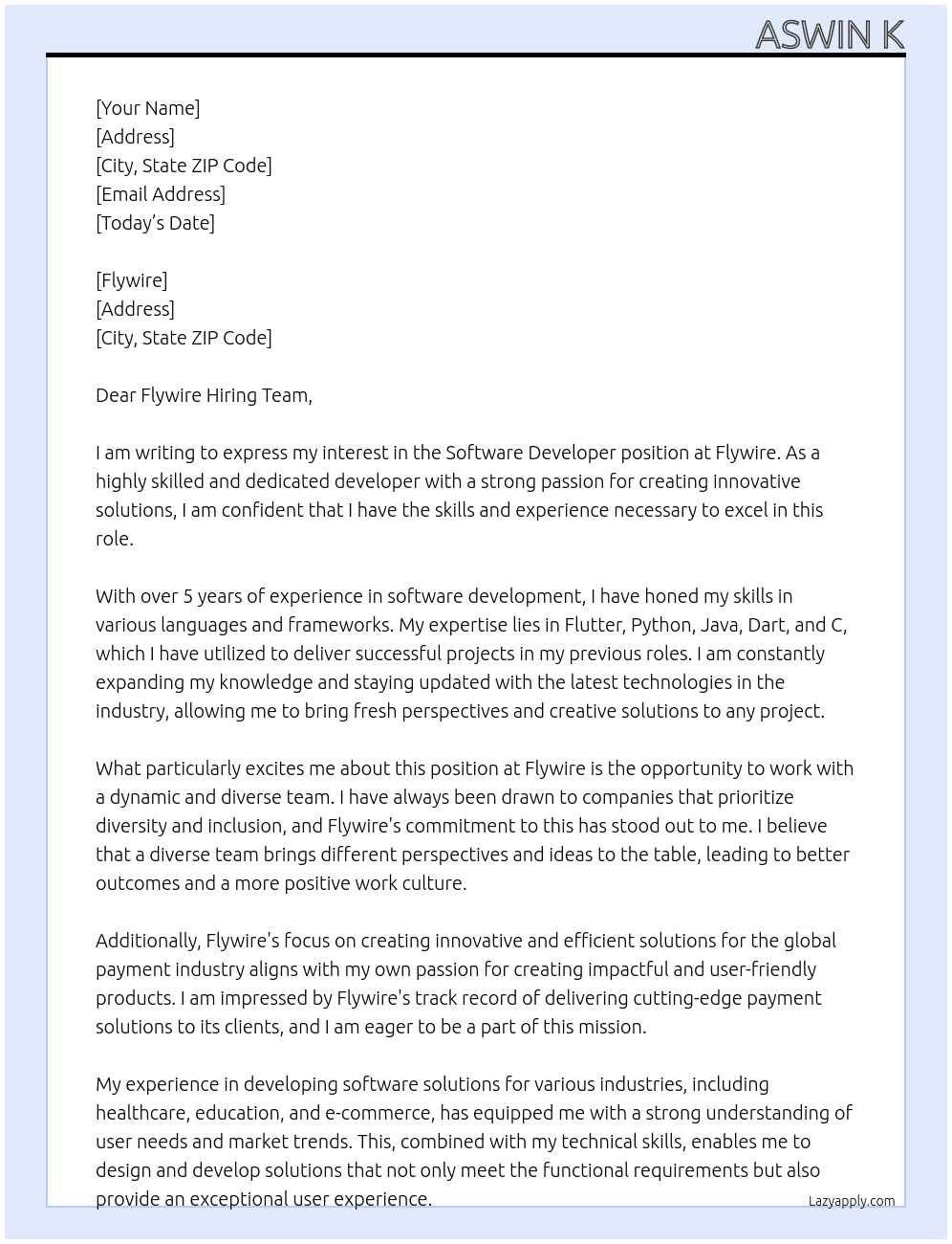 Software developer  At Flywire Cover Letter