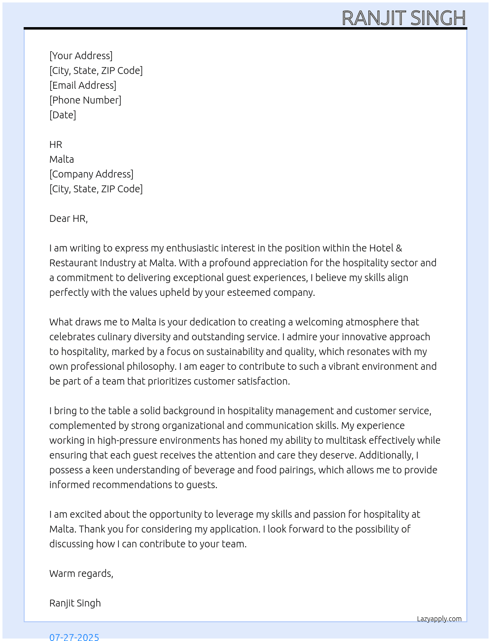 Hotel & Restaurant Industry At Malta Cover Letter