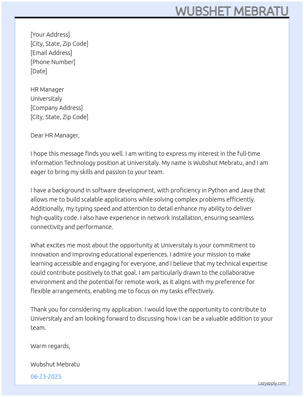 Information Technology At Universitaly Cover Letter