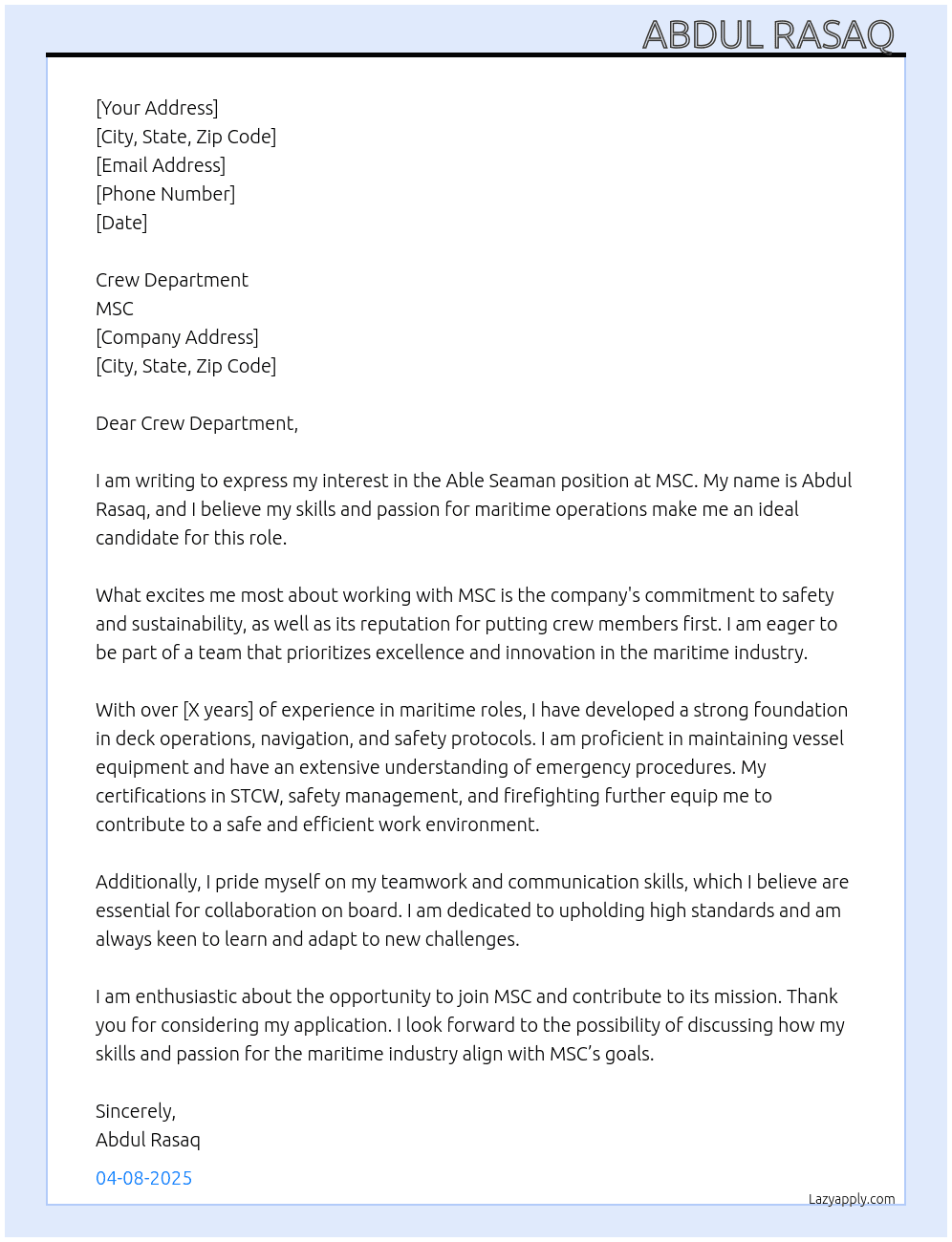 Able seaman  At MSC Cover Letter