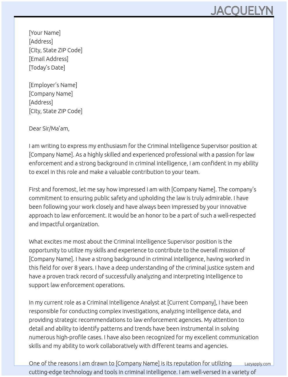 Criminal Intelligence Supervisor At Law Enforcement Cover Letter