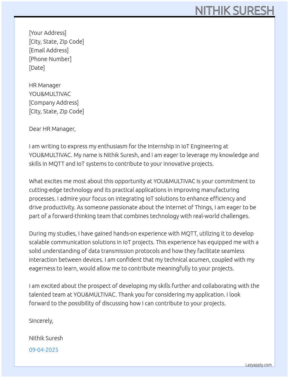 Internship in IoT Engineering At YOU&MULTIVAC Cover Letter