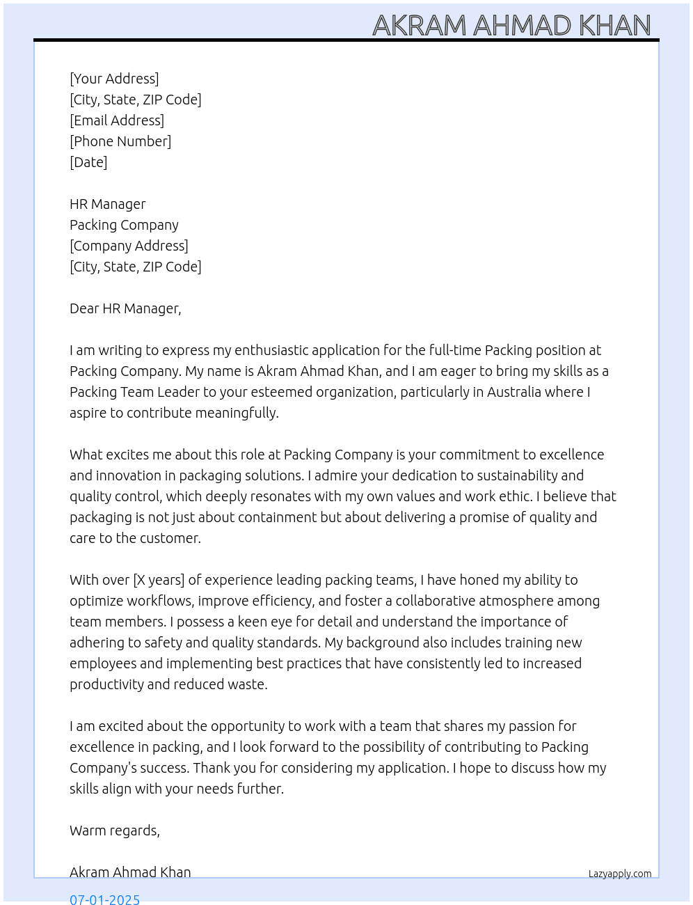 Packing  At Packing company  Cover Letter