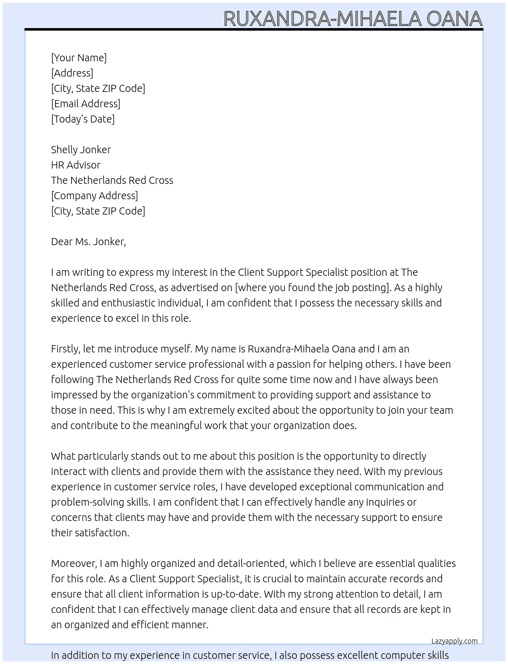 Client Support Specialist At The Netherlands Red Cross Cover Letter