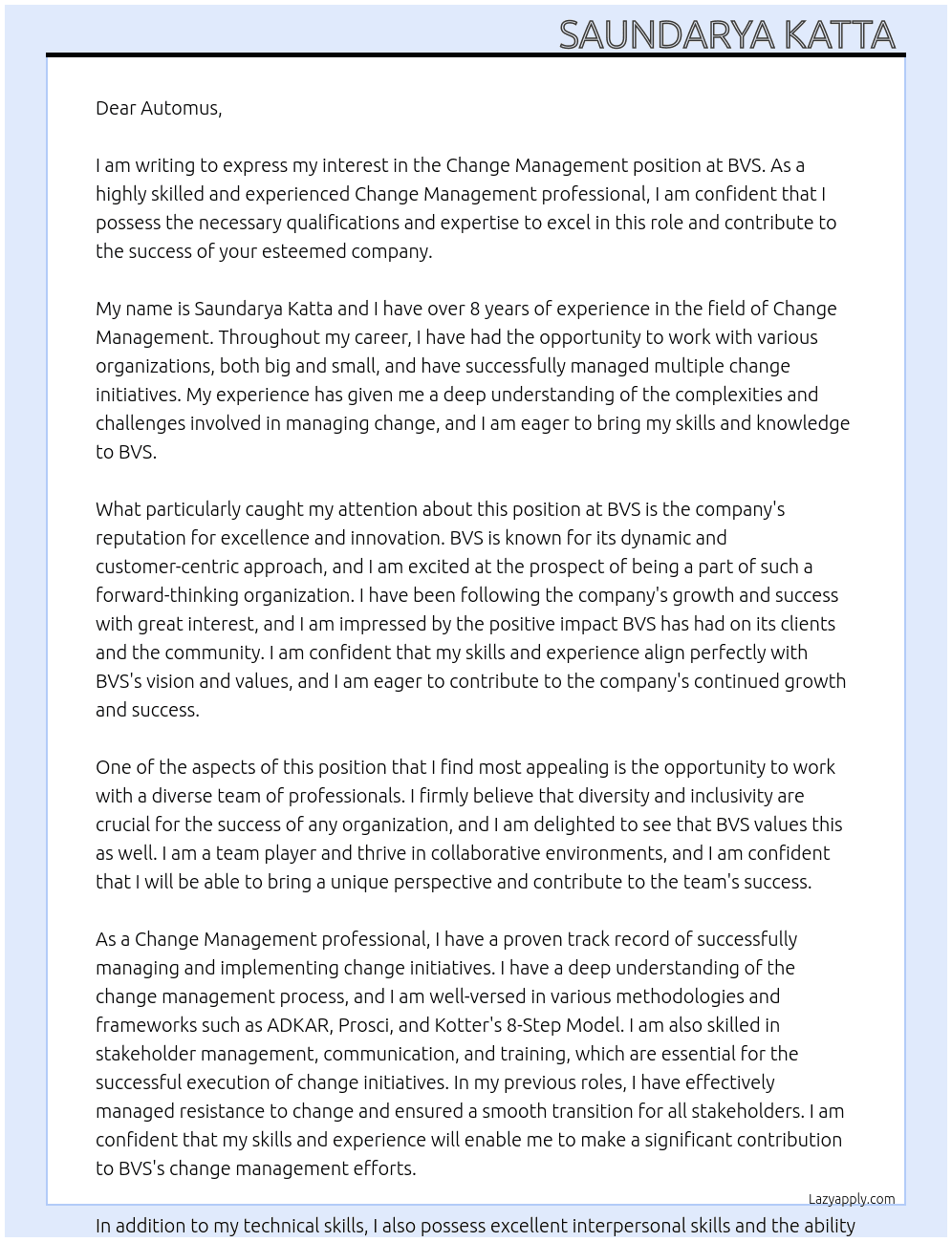 Change Management  At BVS Cover Letter