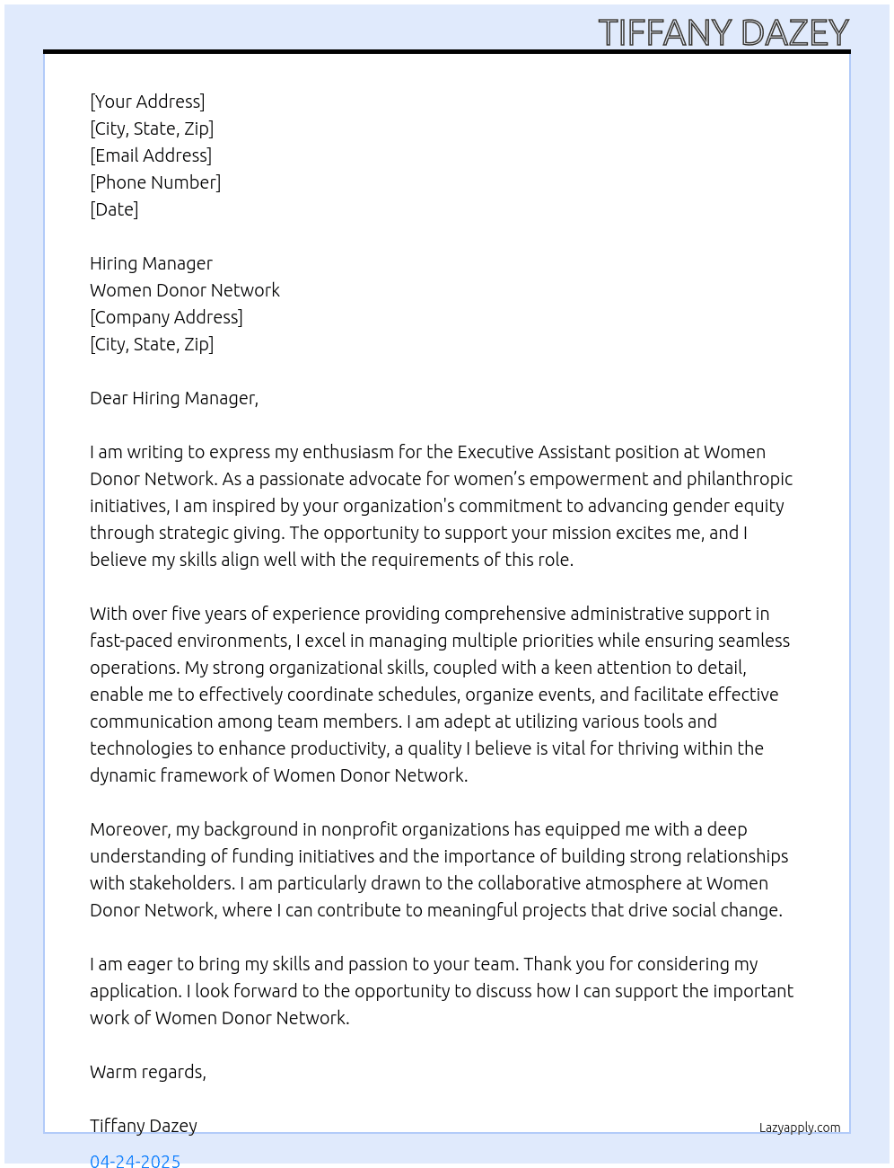 Executive Assistant At Women Donor Network Cover Letter