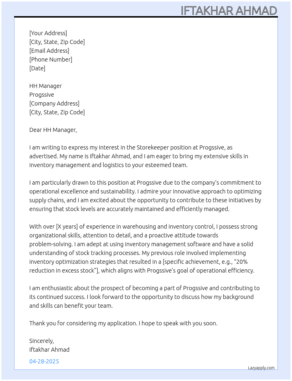 Stoorkeeper At Progssive Cover Letter