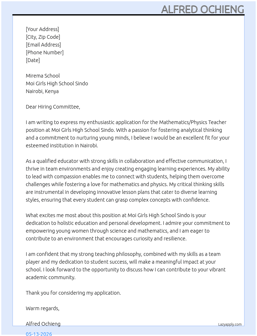 MATHEMATICS/PHYSICS TEACHER At MOI GIRLS HIGH SCHOOL SINDO Cover Letter