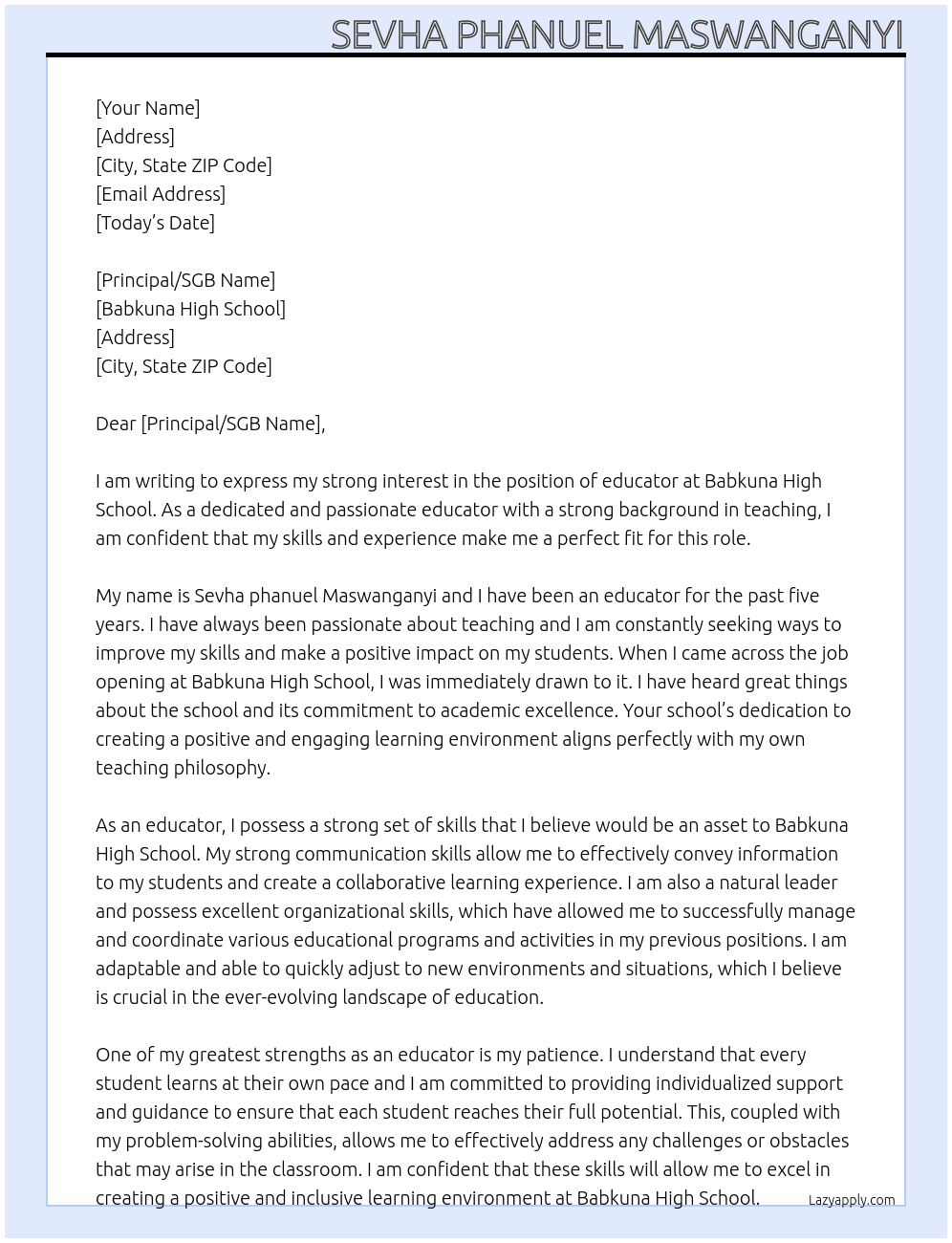 eduator At babkuna high school Cover Letter