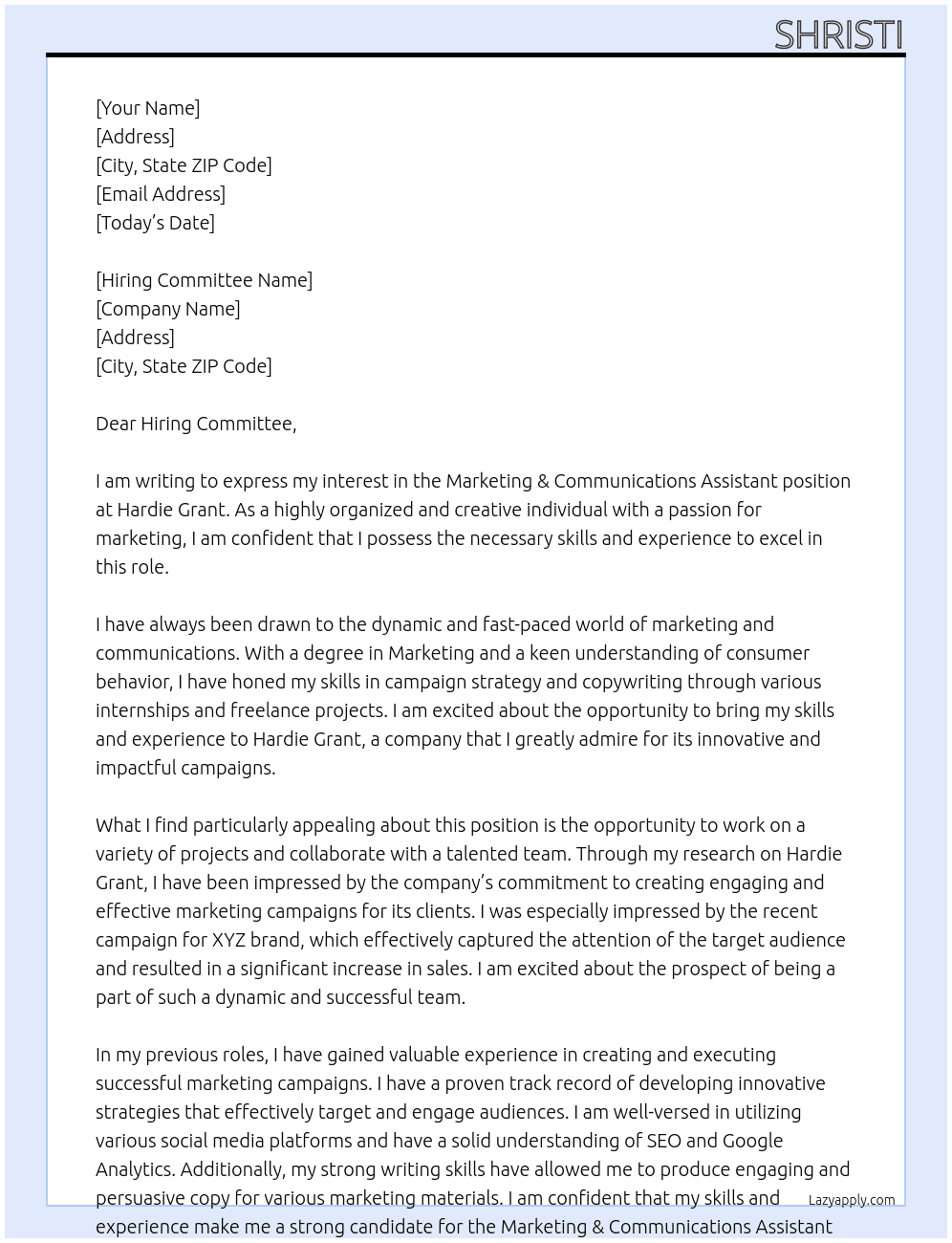 Marketing & Communications Assistant At Hardie Grant Cover Letter