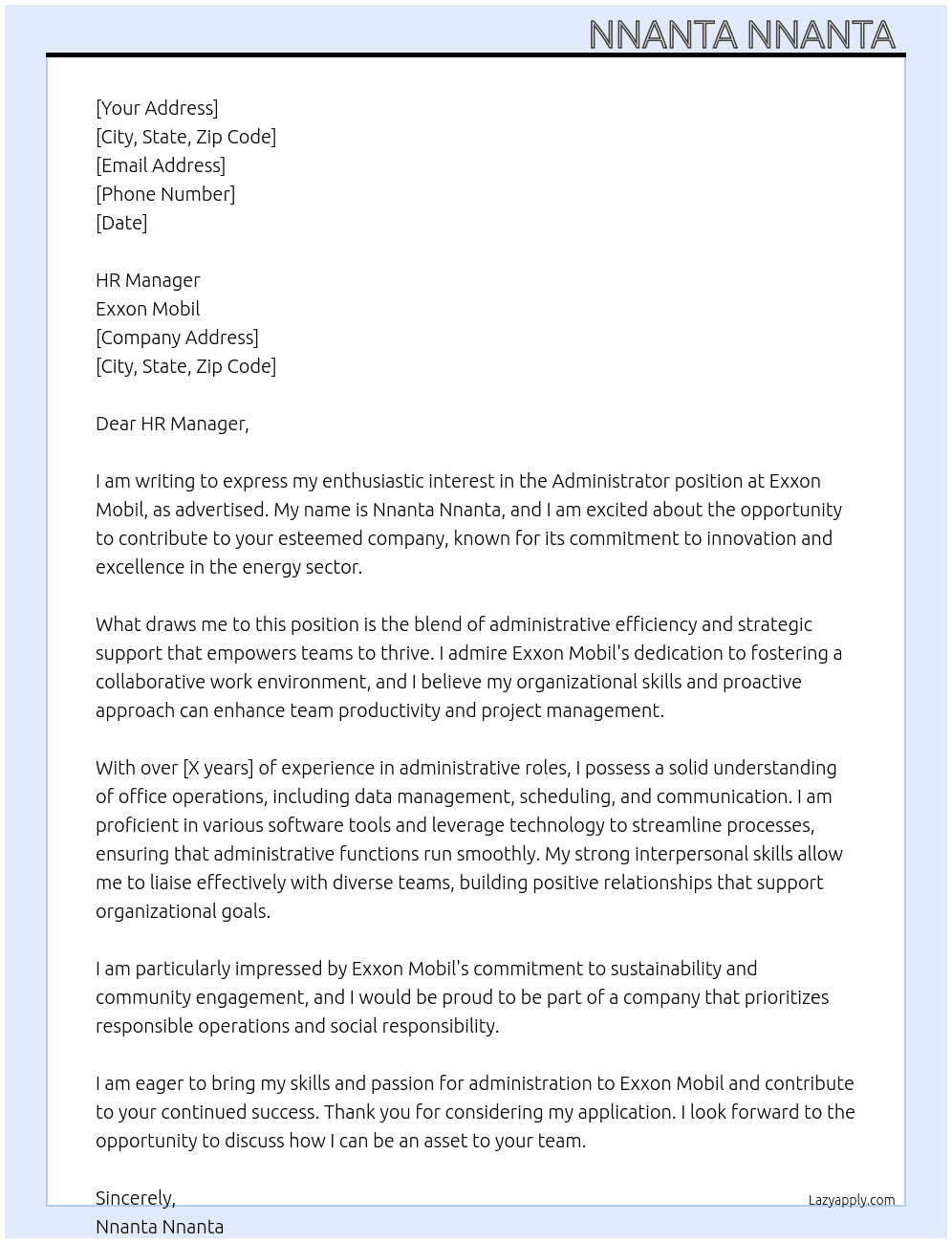 Administrator  At Exxon Mobil Cover Letter