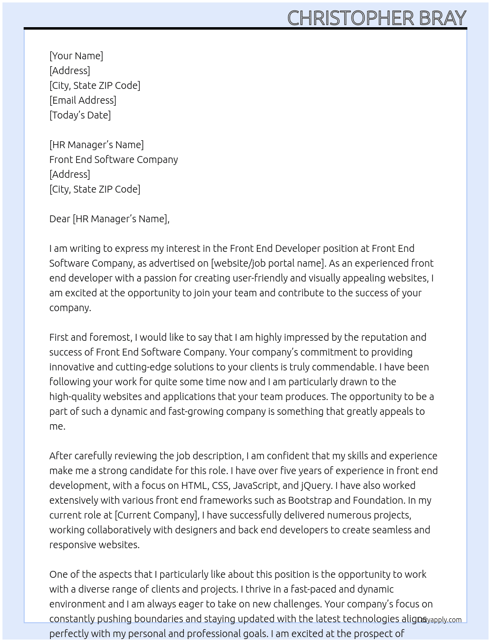 Front End Developer At Front End Software Company Cover Letter