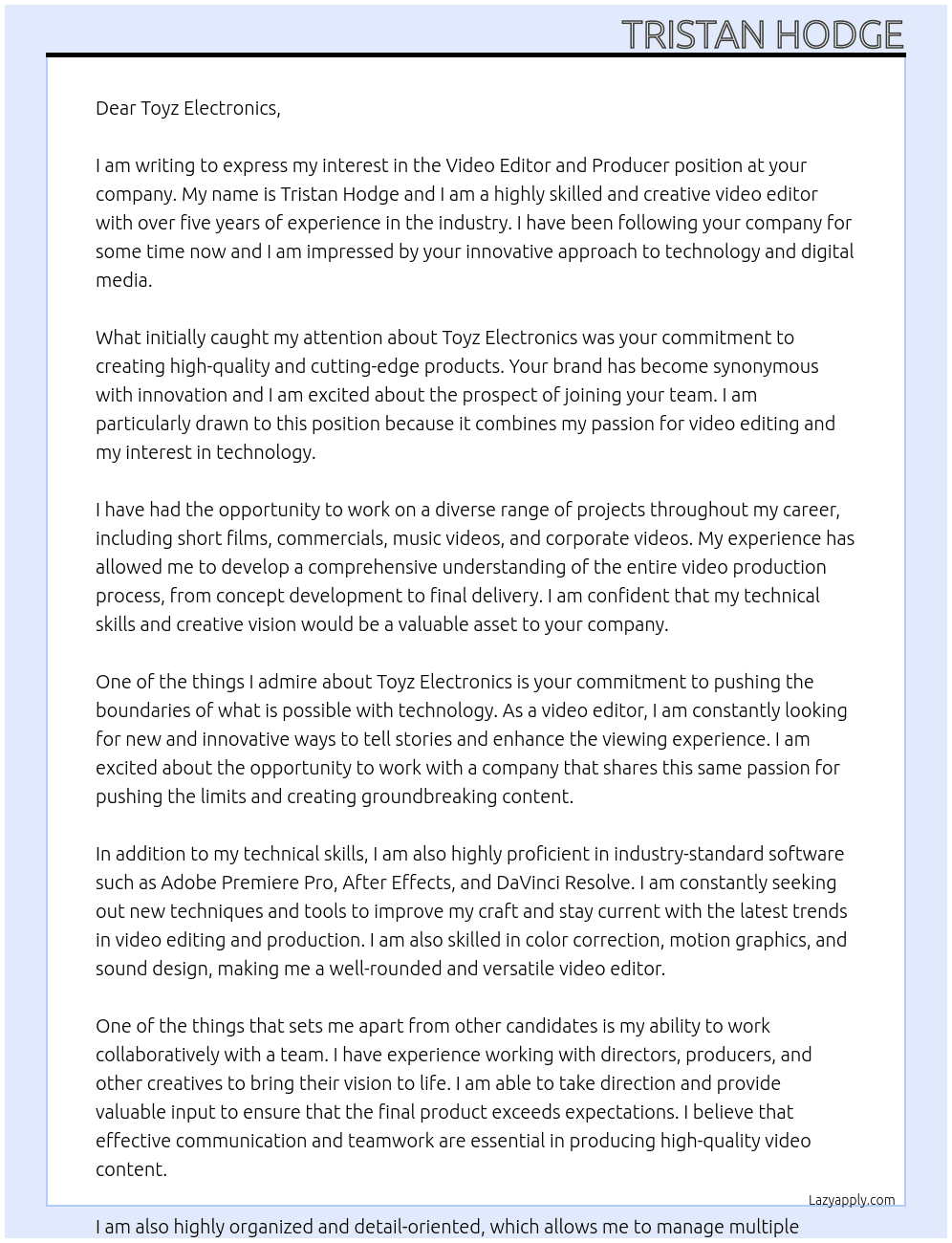 Video Editor and Producer At Toyz Electronics  Cover Letter