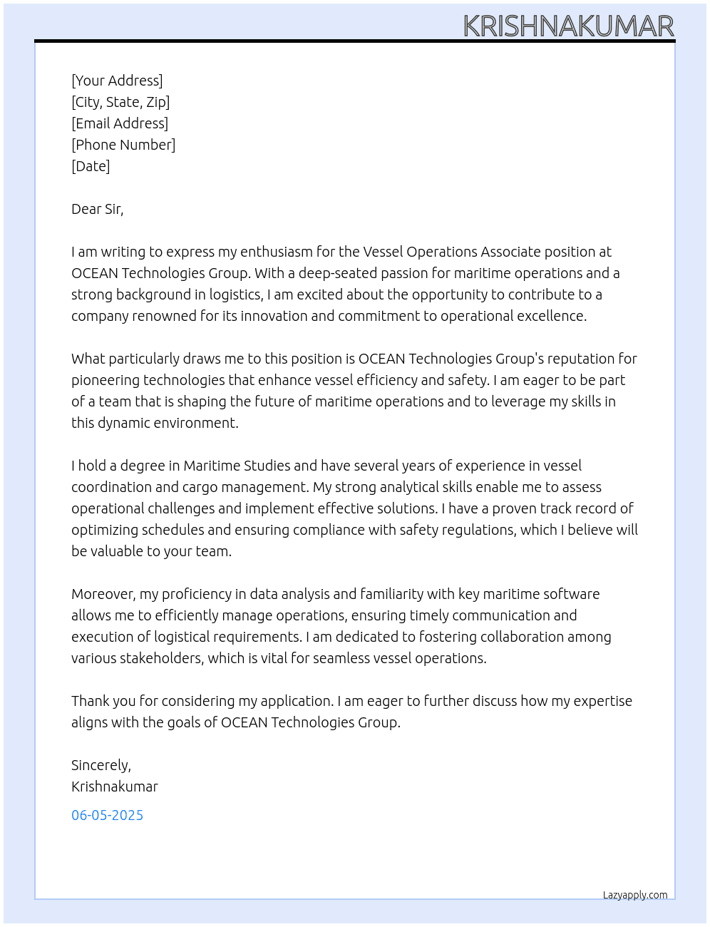 Vessel Operations Associate  At OCEAN Technologies Group  Cover Letter