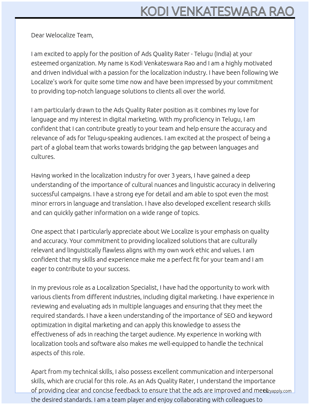 Ads Quality Rater - Telugu (India) At We localize Cover Letter