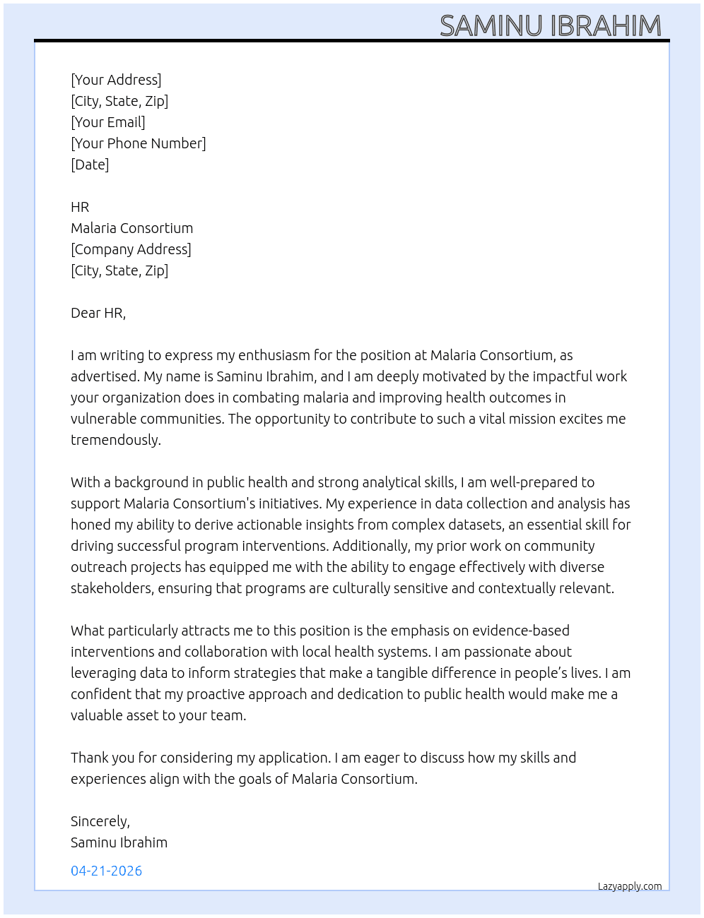 Cover letter for malaria consortium - LazyApply