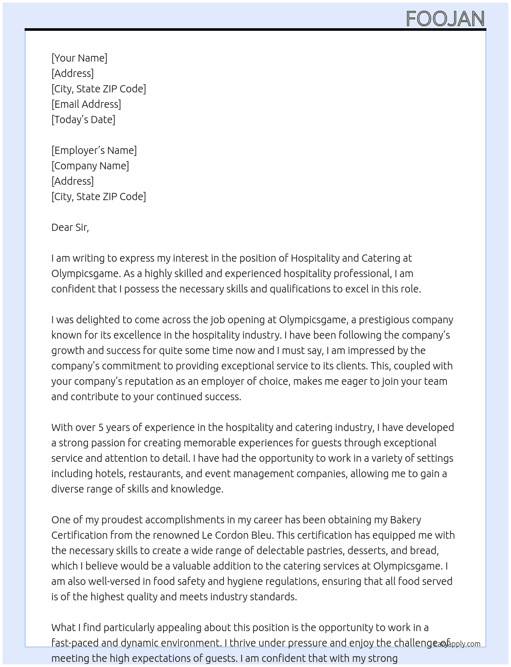 Hospitality and catering At Olympicsgame Cover Letter