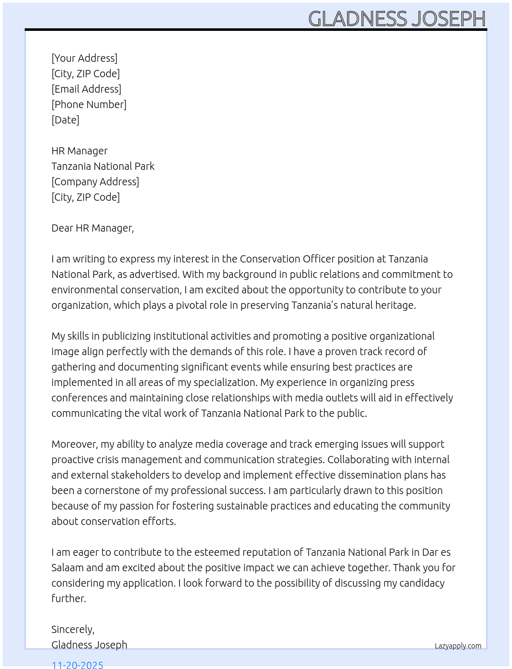 CONSERVATION OFFICER At TANZANIA NATIONAL PARK Cover Letter