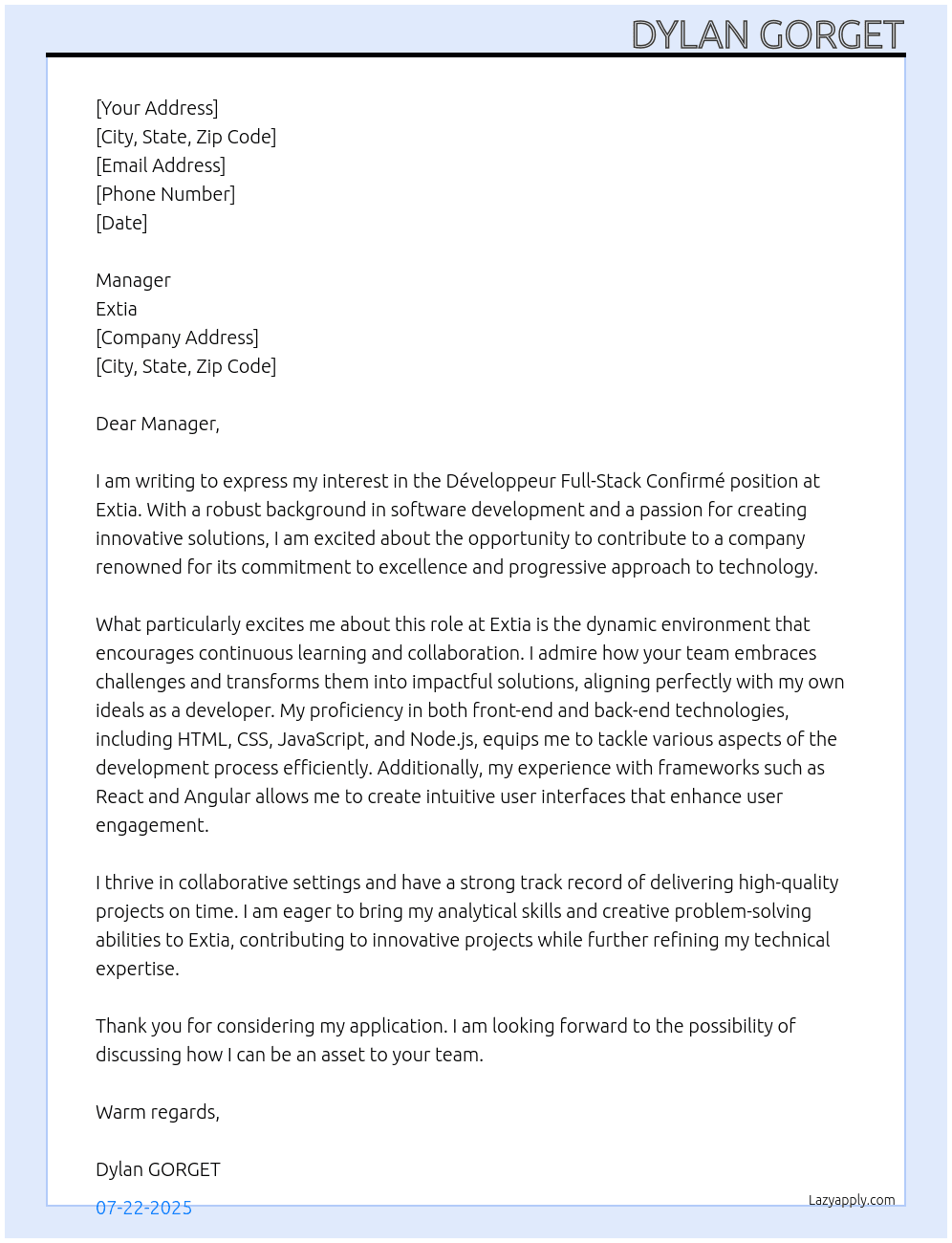 Développeur Full-Stack Confirmé At Extia Cover Letter