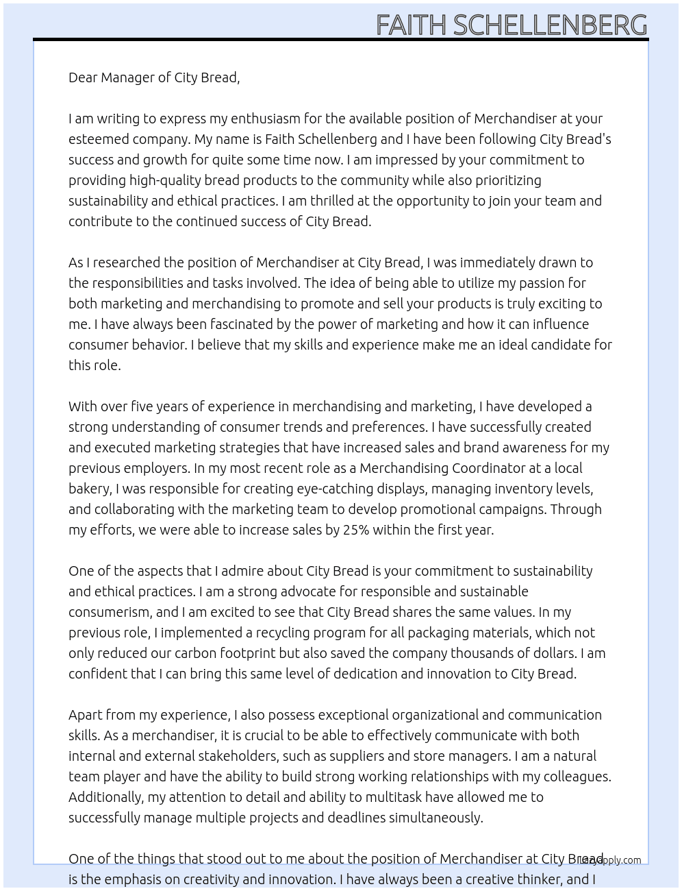 Merchandiser At City bread  Cover Letter