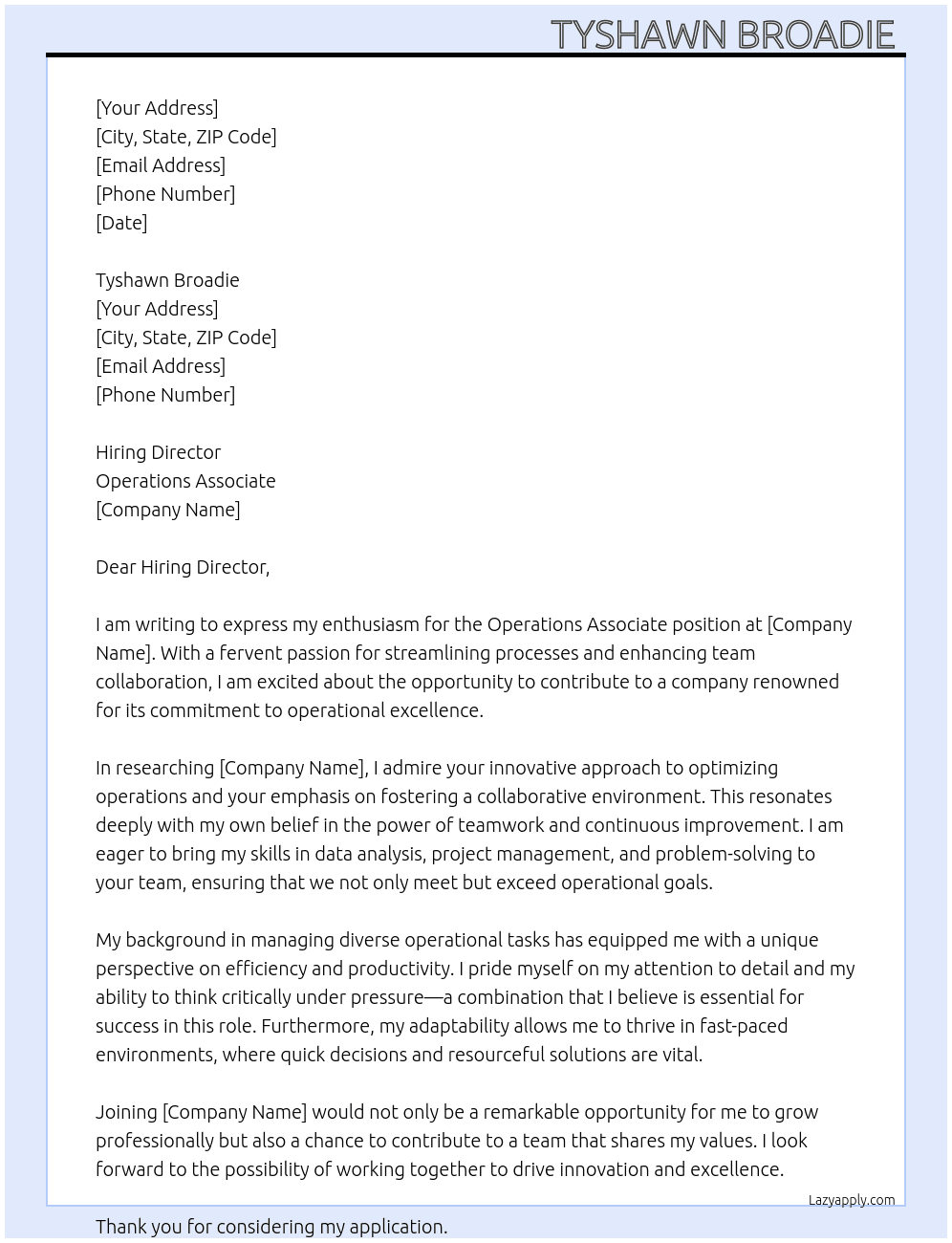 Operations Associate At Operations Associate Cover Letter