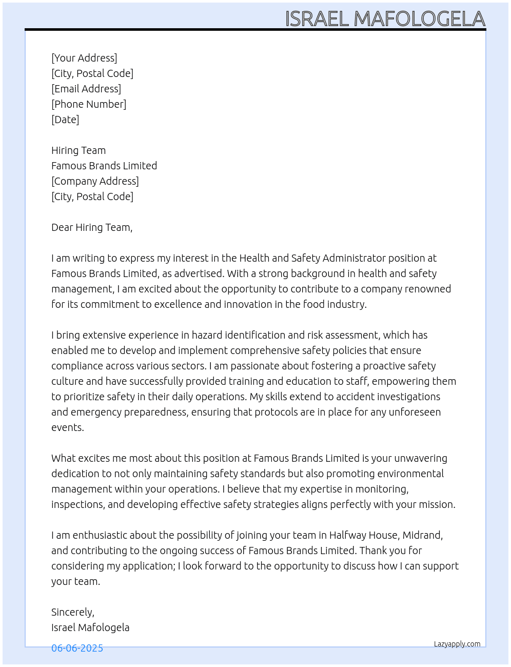 Health and Safety Administrator At Famous Brands Limited Cover Letter
