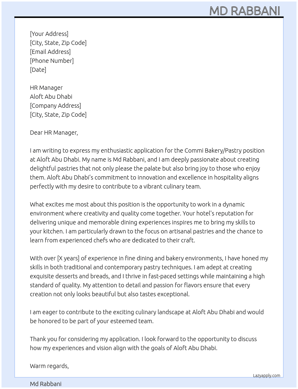 Commi Bakery/ Pastry  At Aloft Abu Dhabi Cover Letter