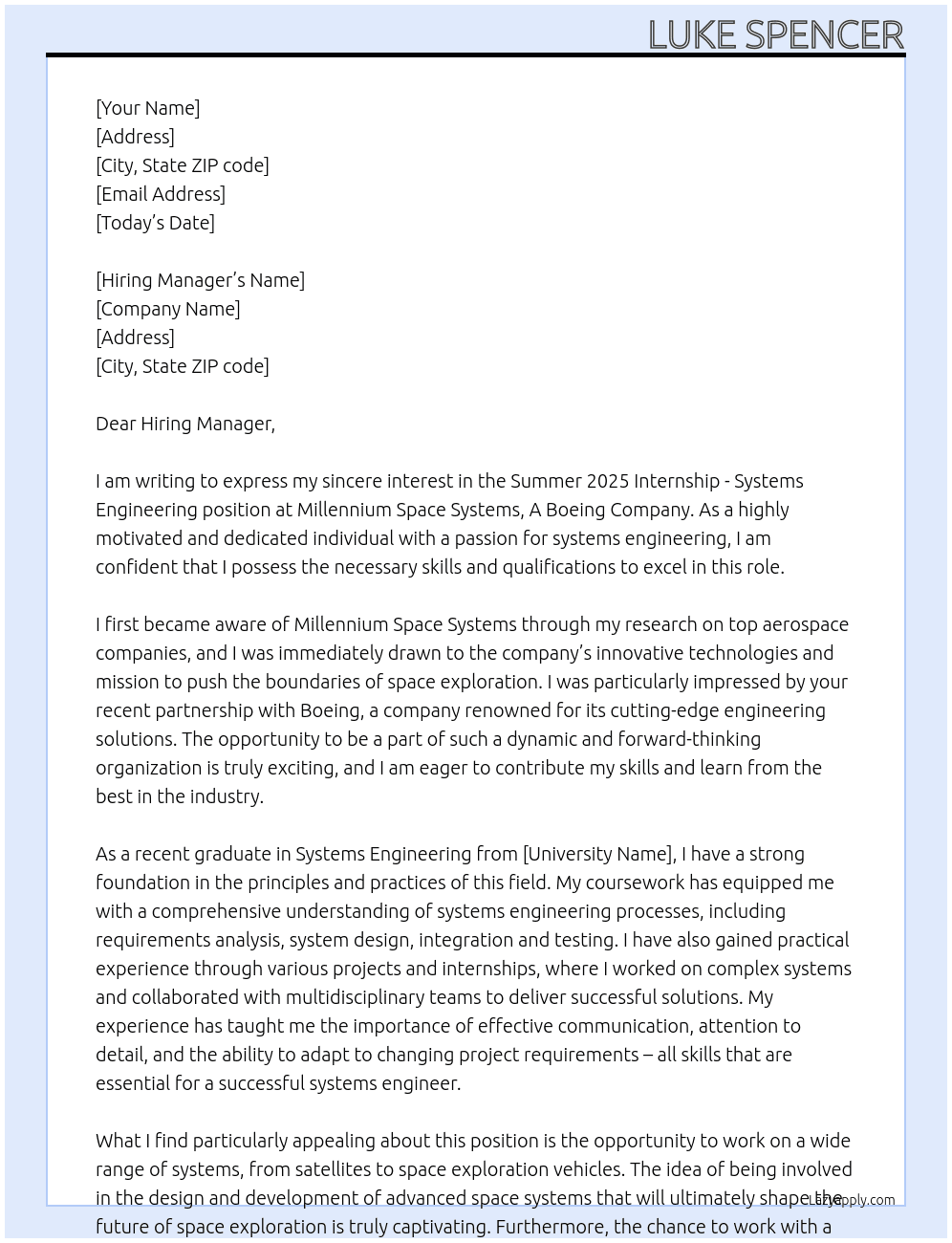 Summer 2025 Internship - Systems Engineering At Millennium Space Systems, A Boeing Company Cover Letter