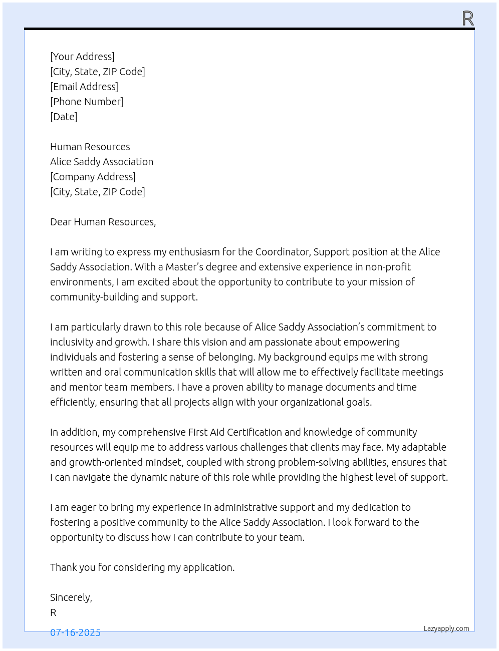 Coordinator, Support At Alice Saddy Association Cover Letter