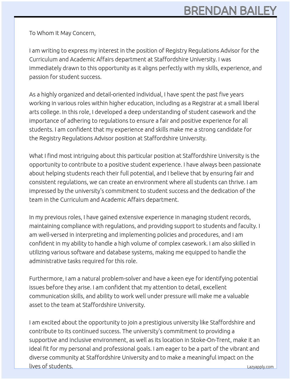 Registry Regulations Advisor Curriculum and Academic Affairs At Staffordshire University  Cover Letter