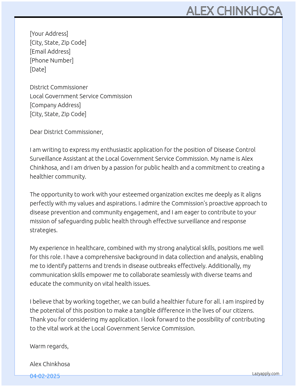 disease cintrol surveilence assistants At local government service commission Cover Letter