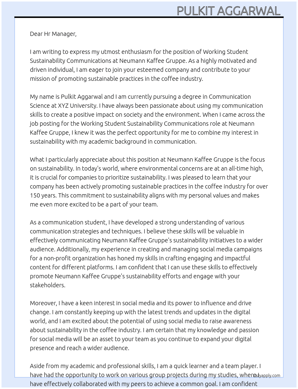 WORKING STUDENT SUSTAINABILITY COMMUNICATIONS At Neumann Kaffee gruppe Cover Letter