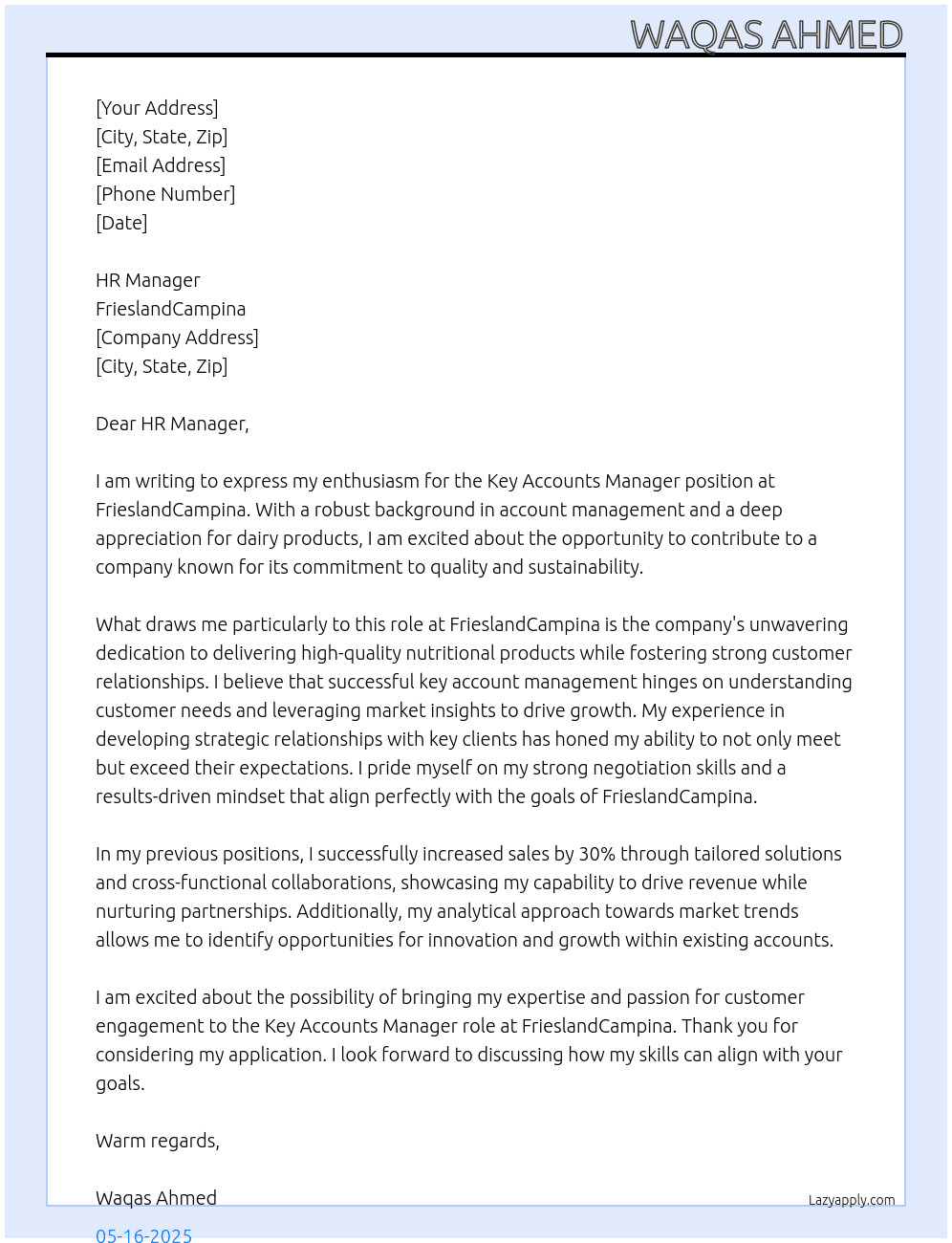 key accounts manager At frieslandcampina Cover Letter
