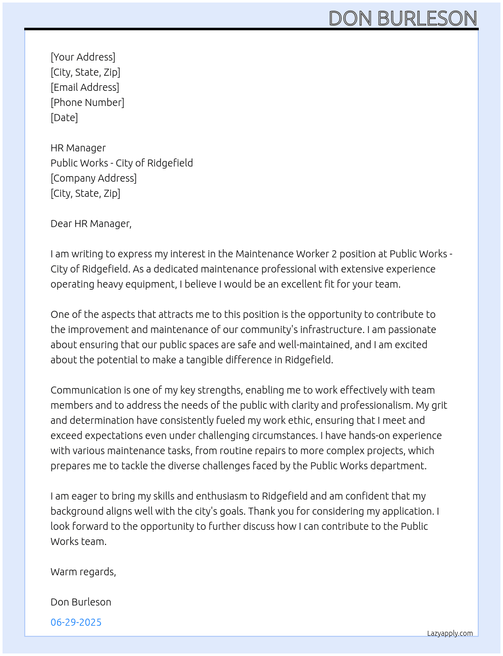 Maintenance Worker 2 At Public Works - City of Ridgefield Cover Letter