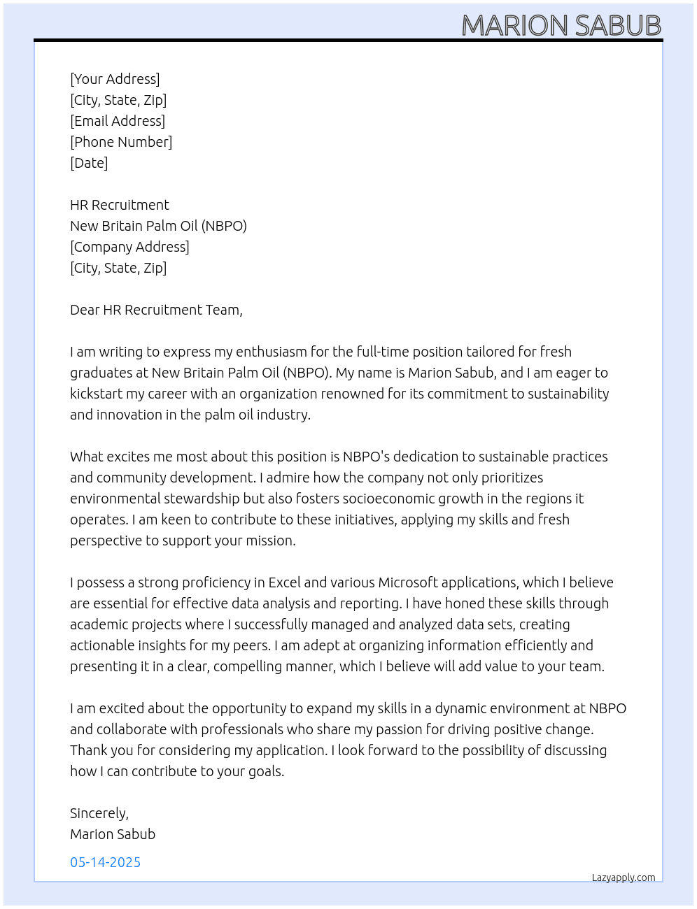Cover letter for fresh graduate - LazyApply
