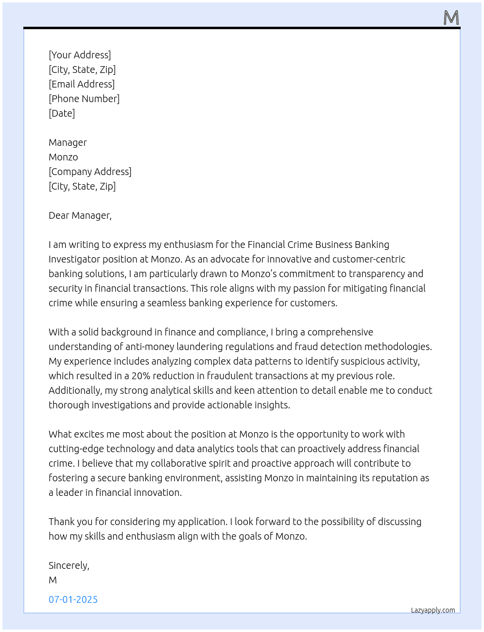 Financial crime business banking investigator At Monzo Cover Letter