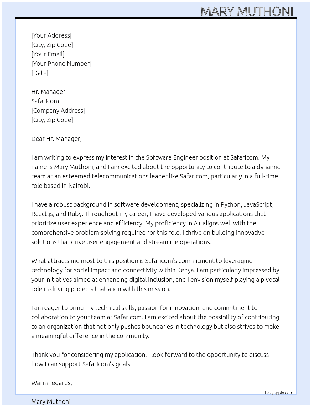 Software engineer  At Safaricom Cover Letter