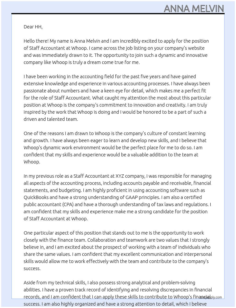 Staff Accountant At Whoop Cover Letter