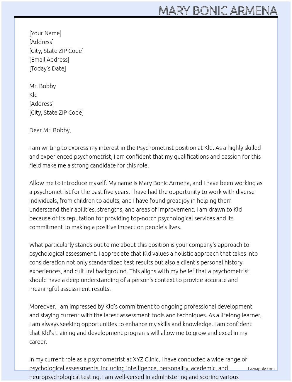 Psychometrist  At Kld Cover Letter