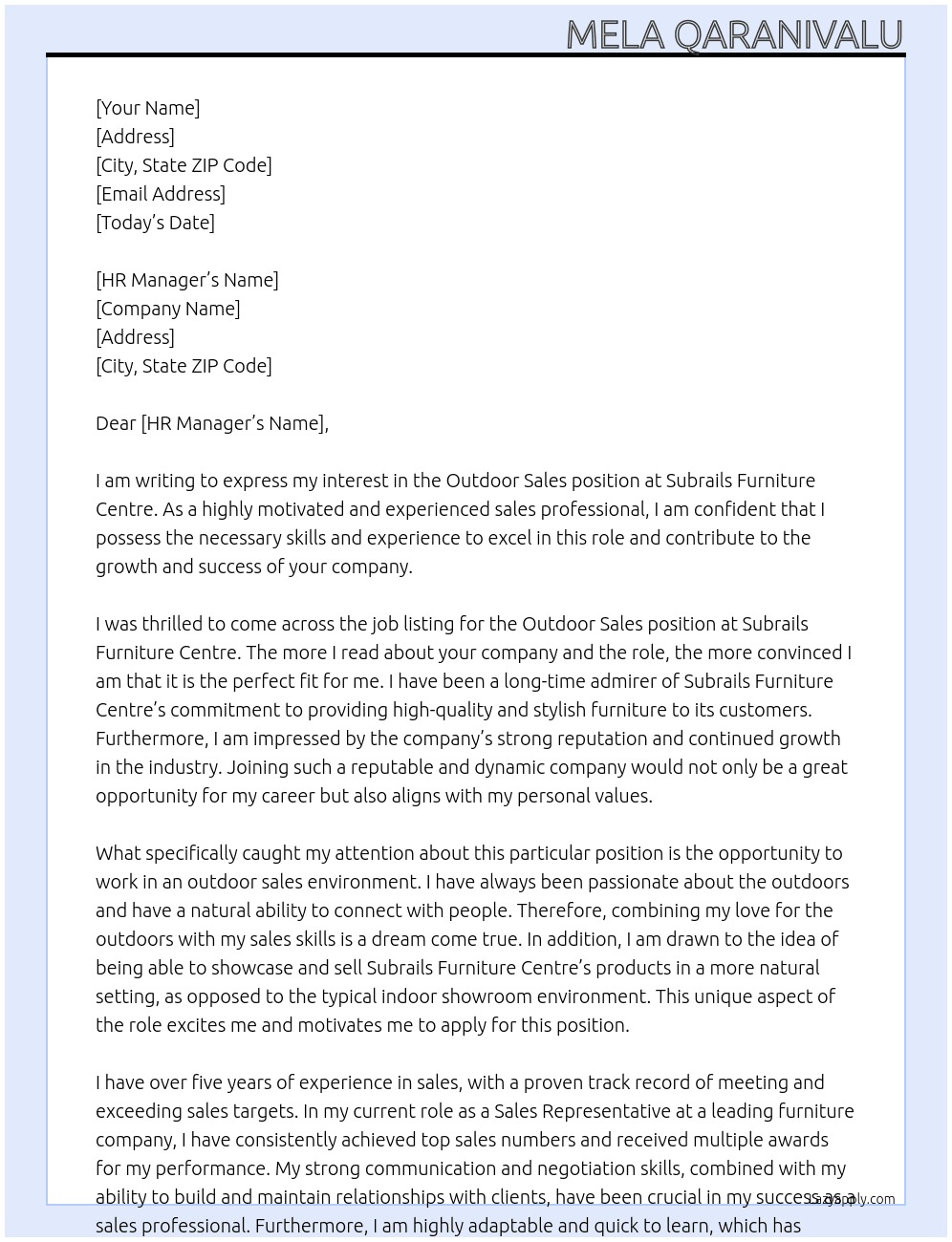 Outdoor Sales At Subrails Ferniture Centure Cover Letter