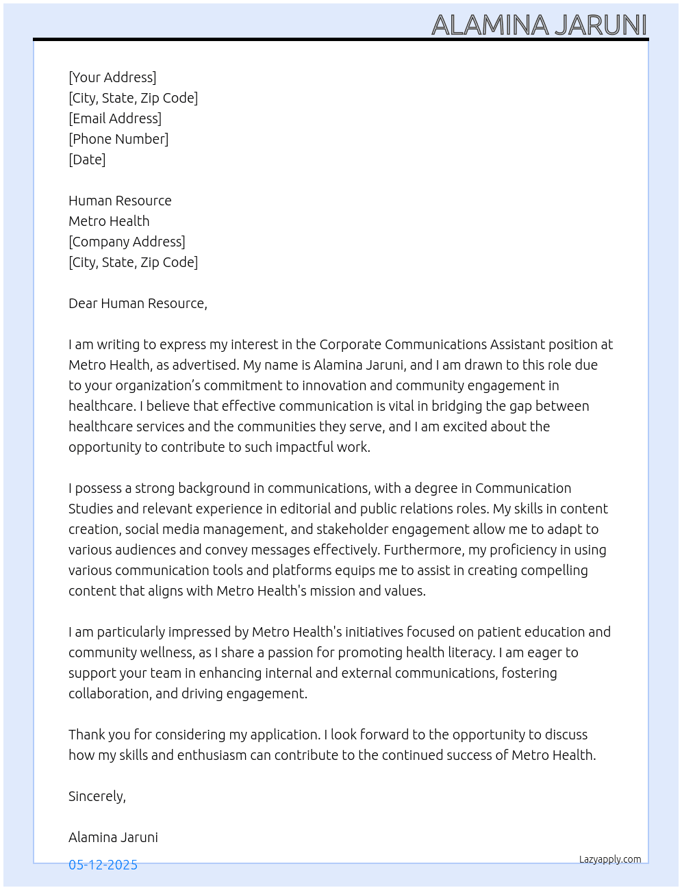 Corporate communications assisstant At Metro health Cover Letter