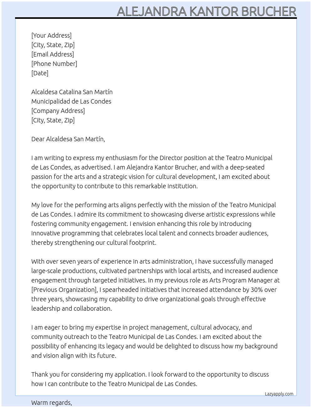 Director Teatro Municipal de Las Condes At Municipalidad de Las Condes Cover Letter