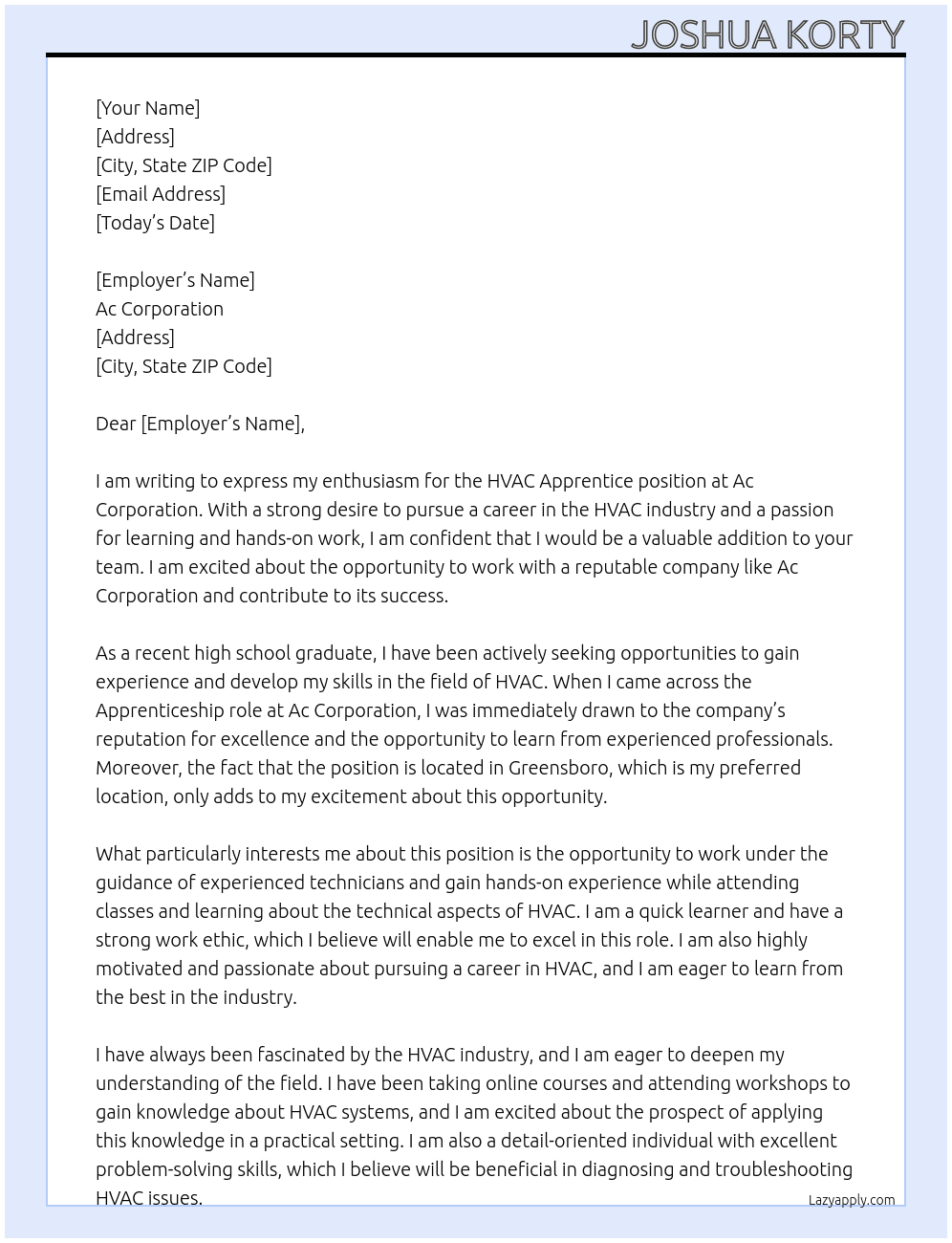 HVAC Apprentice At Ac Corporation Cover Letter