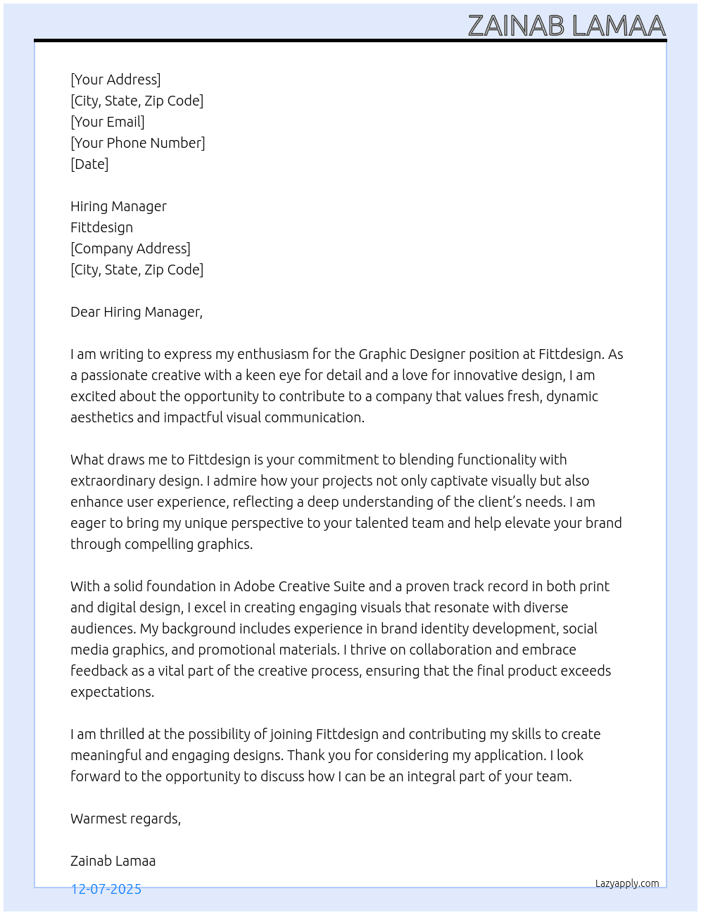graphic designer At Fittdesign Cover Letter